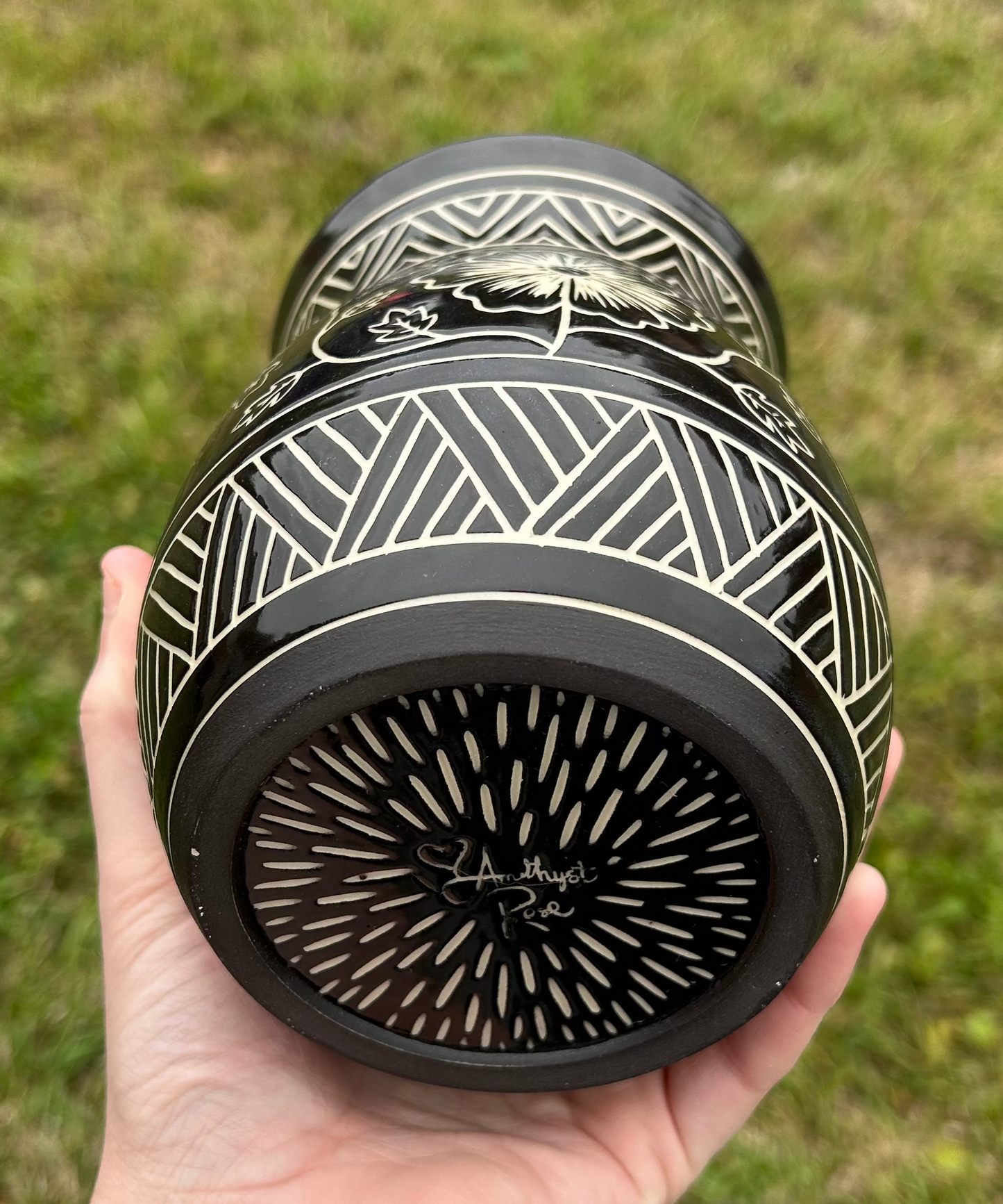 Small Hand-Carved B&W Flower/Tribal Vase