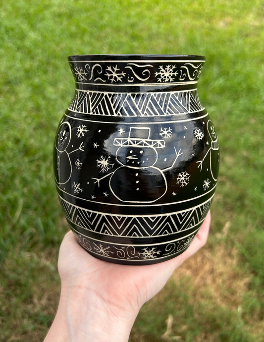 Hand-Carved B&W Snowman/Tribal Vase