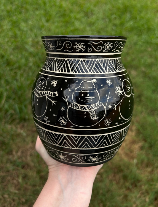 Hand-Carved B&W Snowman/Tribal Vase