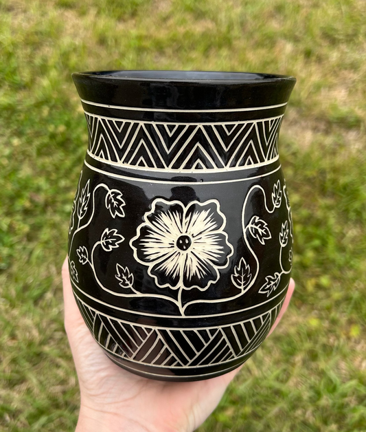 Small Hand-Carved B&W Flower/Tribal Vase